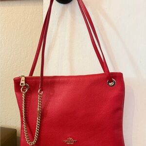 Coach Red Pebbled Leather Shoulder Tote with Gold Chain Accent